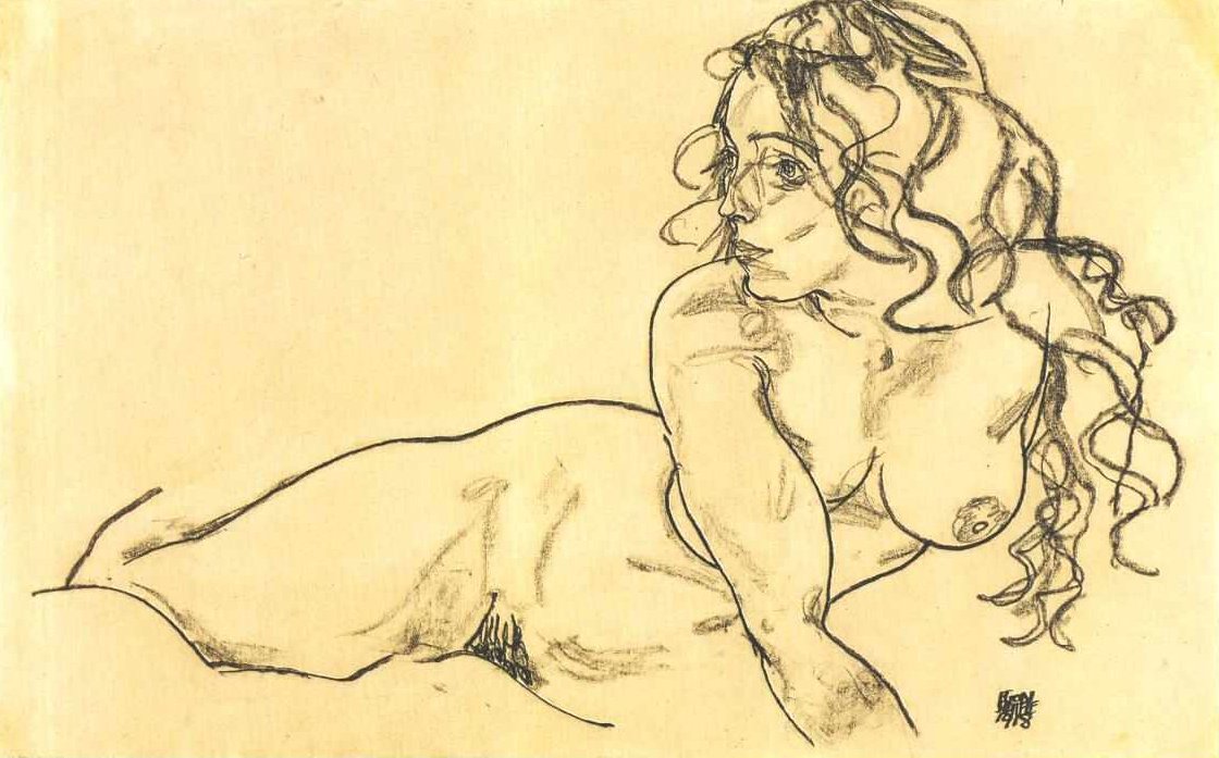 Lænet kvindelig nøgen med langt hår af Egon Schiele
