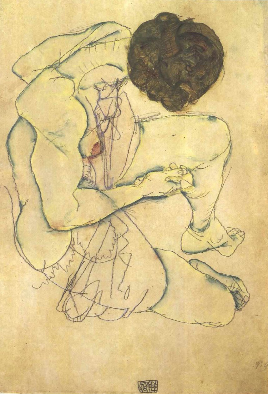 Sidder nøgen af Egon Schiele