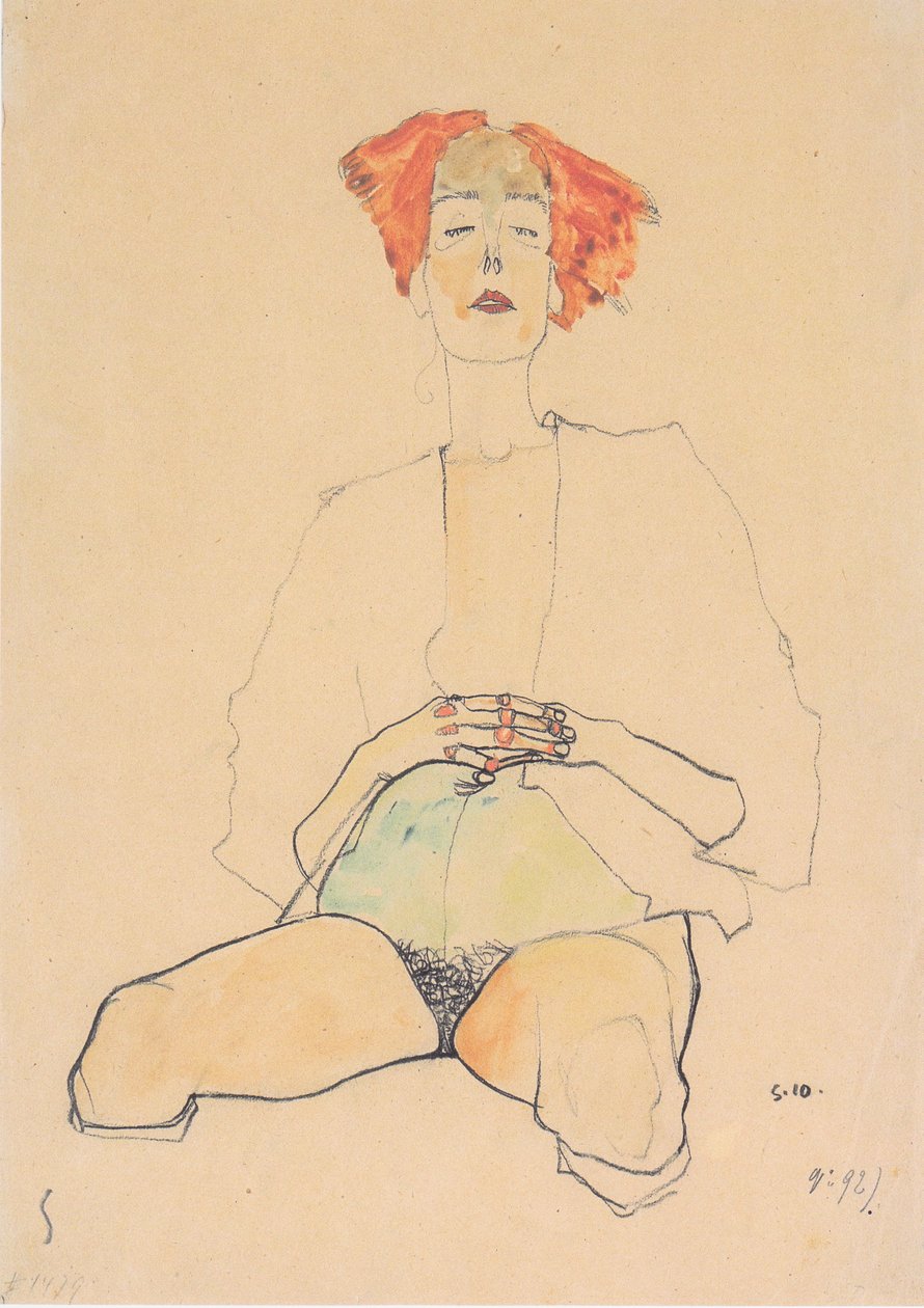 Sidder halv nøgen med rødt hår af Egon Schiele
