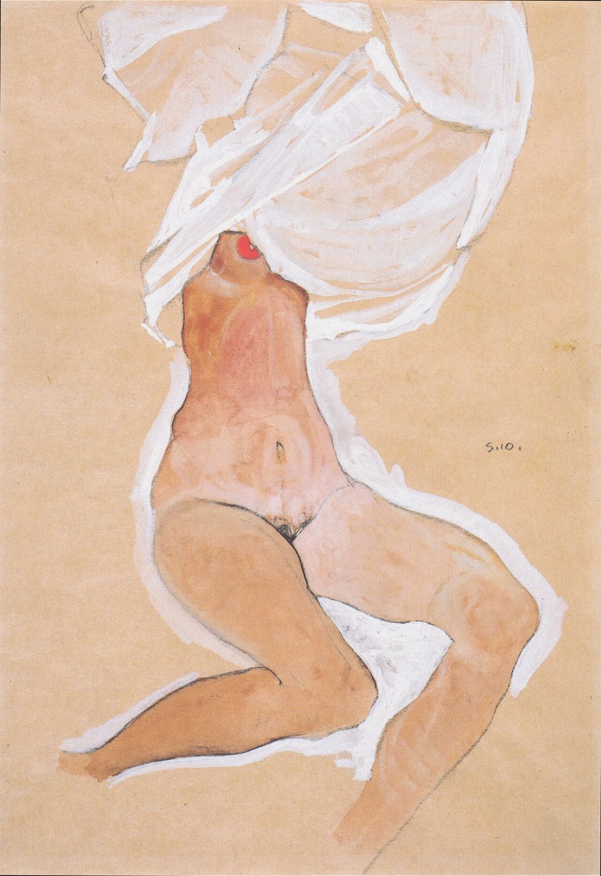 Sidder nøgen pige med skjorte over hovedet af Egon Schiele