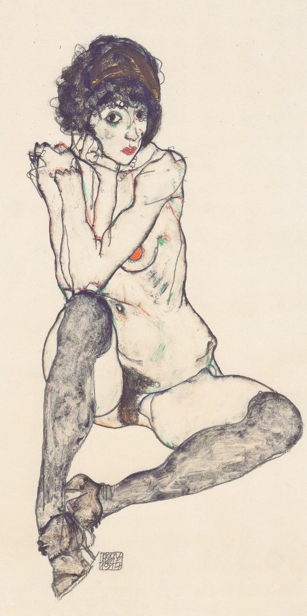 Siddende kvindelig nøgen med støttede albuer af Egon Schiele