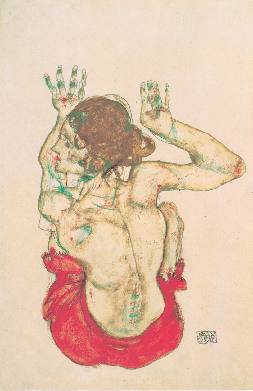 Siddende kvindelig nøgen bagfra med rød nederdel af Egon Schiele