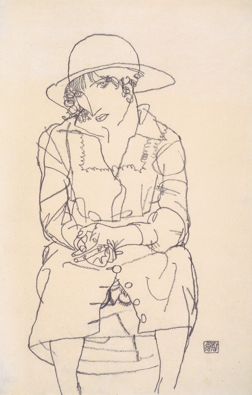 Siddende pige i hat af Egon Schiele