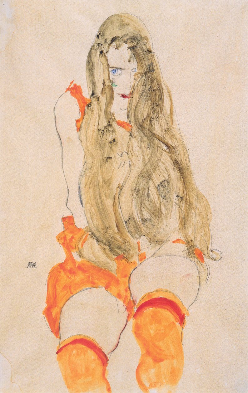 Siddende pige med faldende hår af Egon Schiele