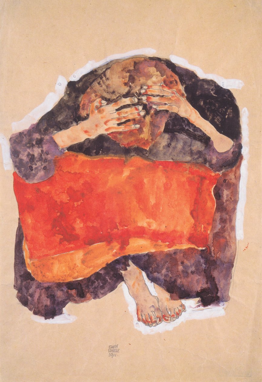 Siddende pige med bøjet hoved af Egon Schiele