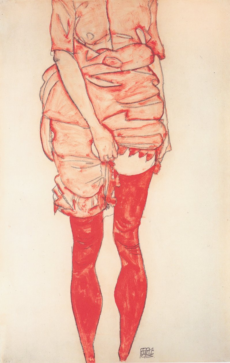 Stående kvinde i rødt af Egon Schiele