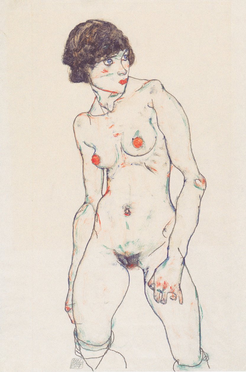 Stående kvindelig nøgen med strømper af Egon Schiele