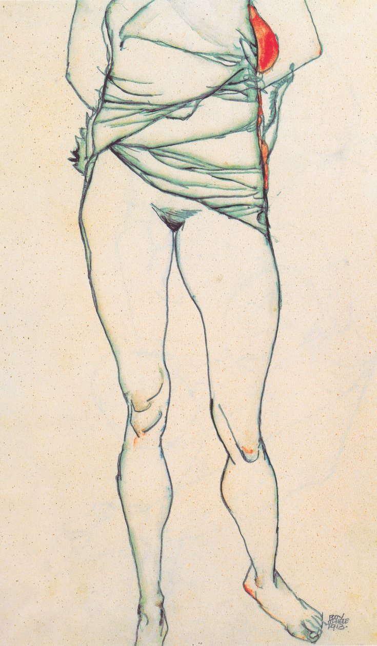Kvindelig torso med skjorter trukket op af Egon Schiele