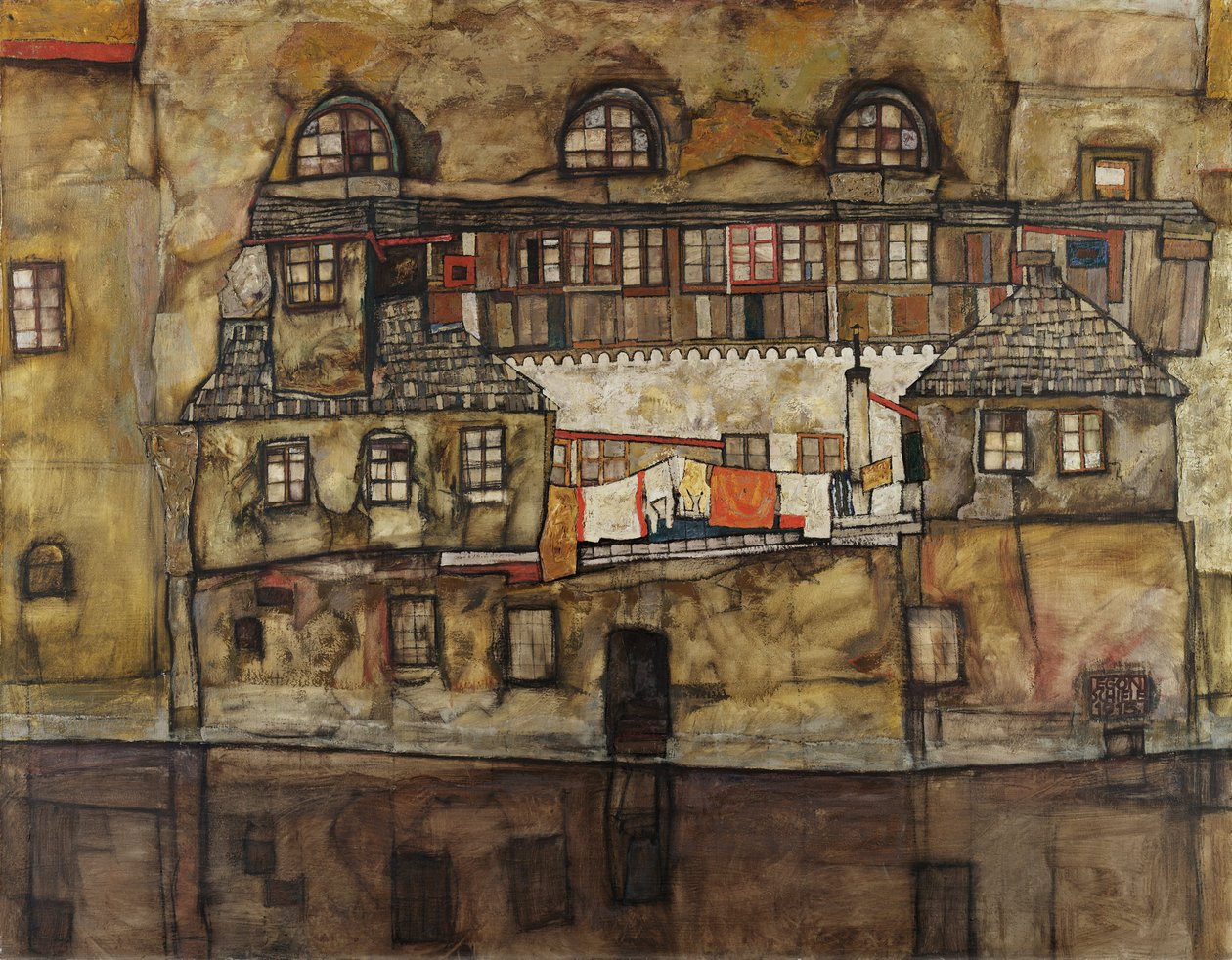Husmur ved floden af Egon Schiele