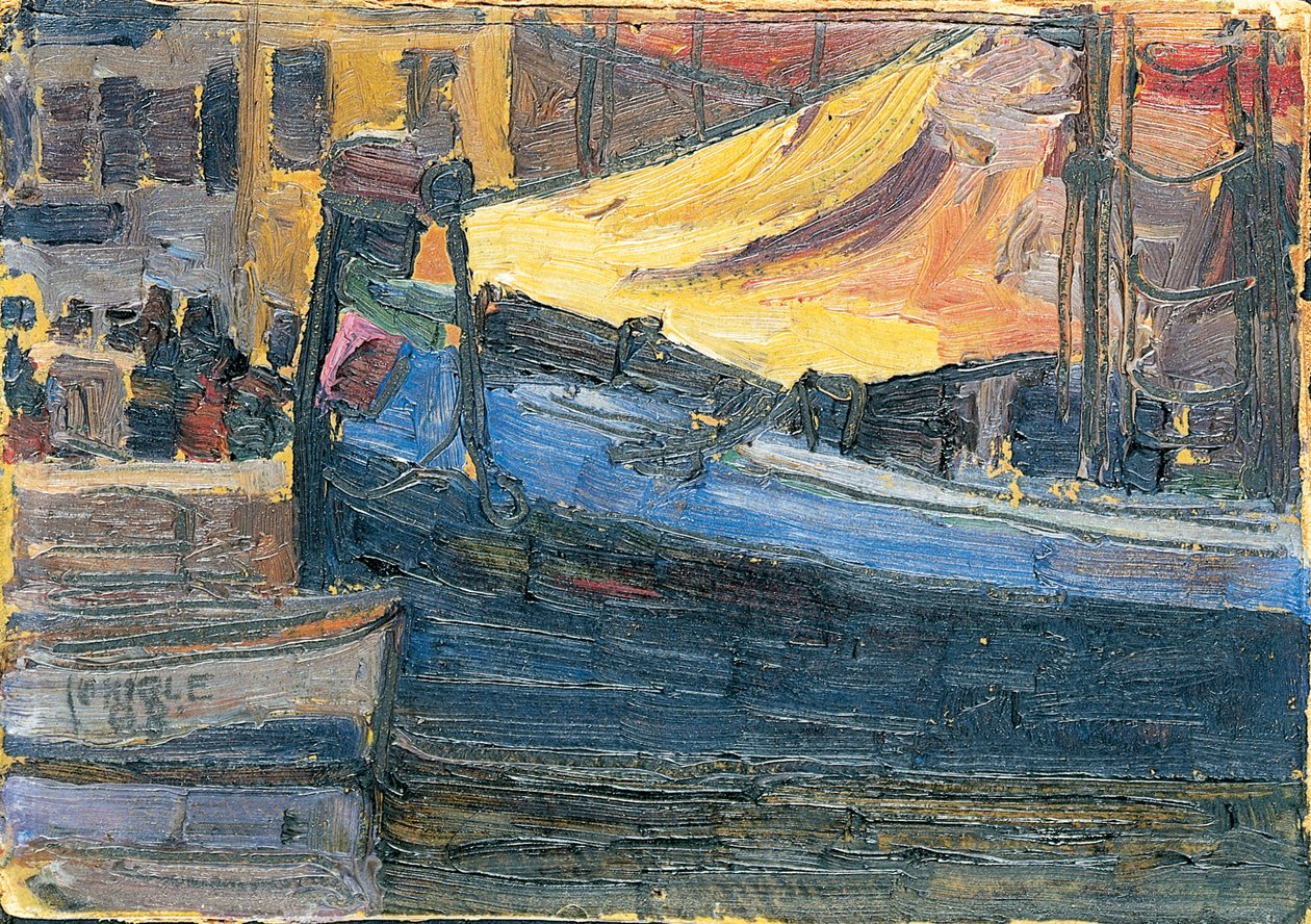 Forankrede både med husmur i baggrunden, 1908 af Egon Schiele