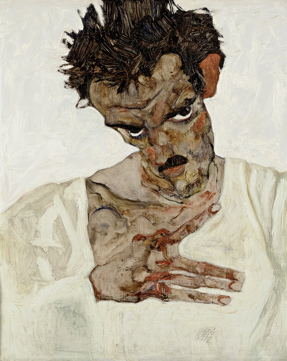 Selvportræt med sænket hoved. Maleri af Egon Schiele (1890-1918), olie på træ af Egon Schiele