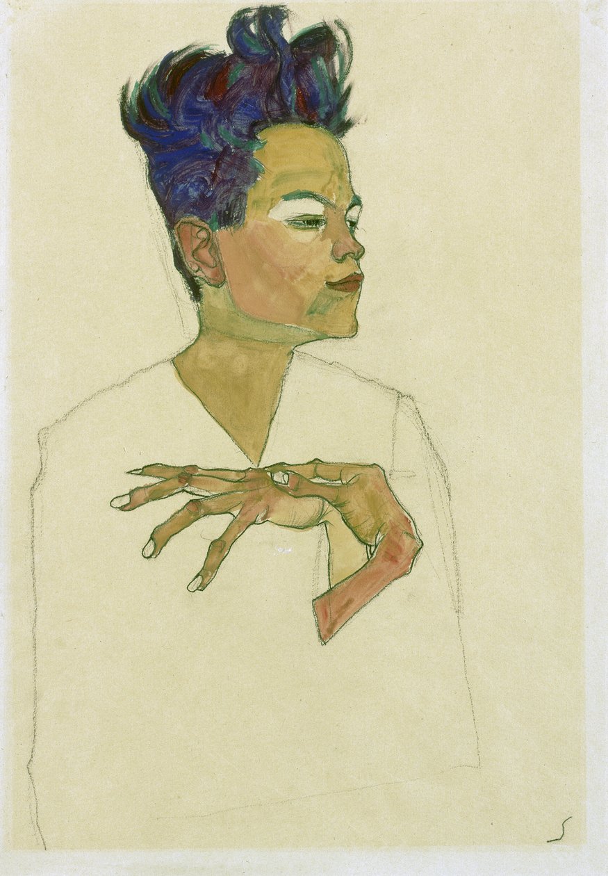 Selvportræt med hænderne på brystet. (Selvportræt med hænderne på brystet). Værk af Egon Schiele (1890-1918), akvarel og kridt på papir af Egon Schiele