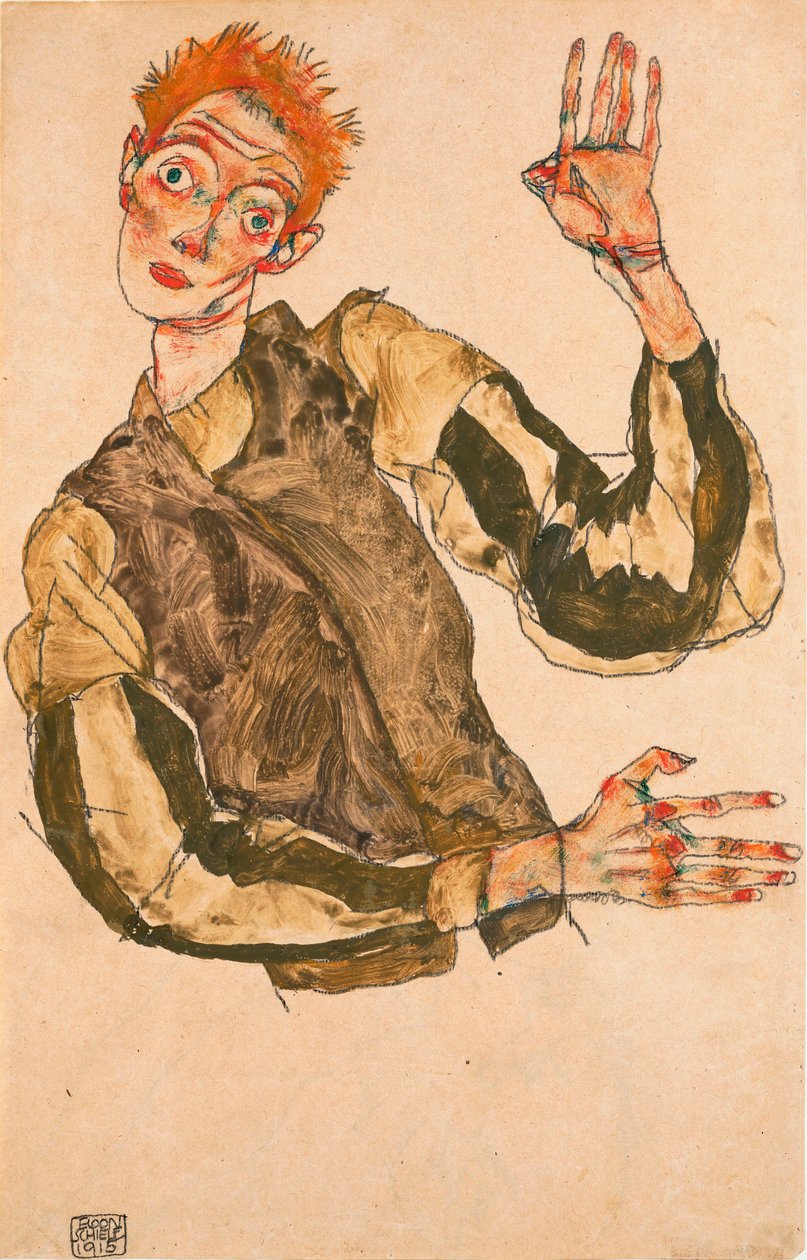 Selvportræt med stribede ærmer - Værk af Egon Schiele (1890-1918), gouache på papir af Egon Schiele