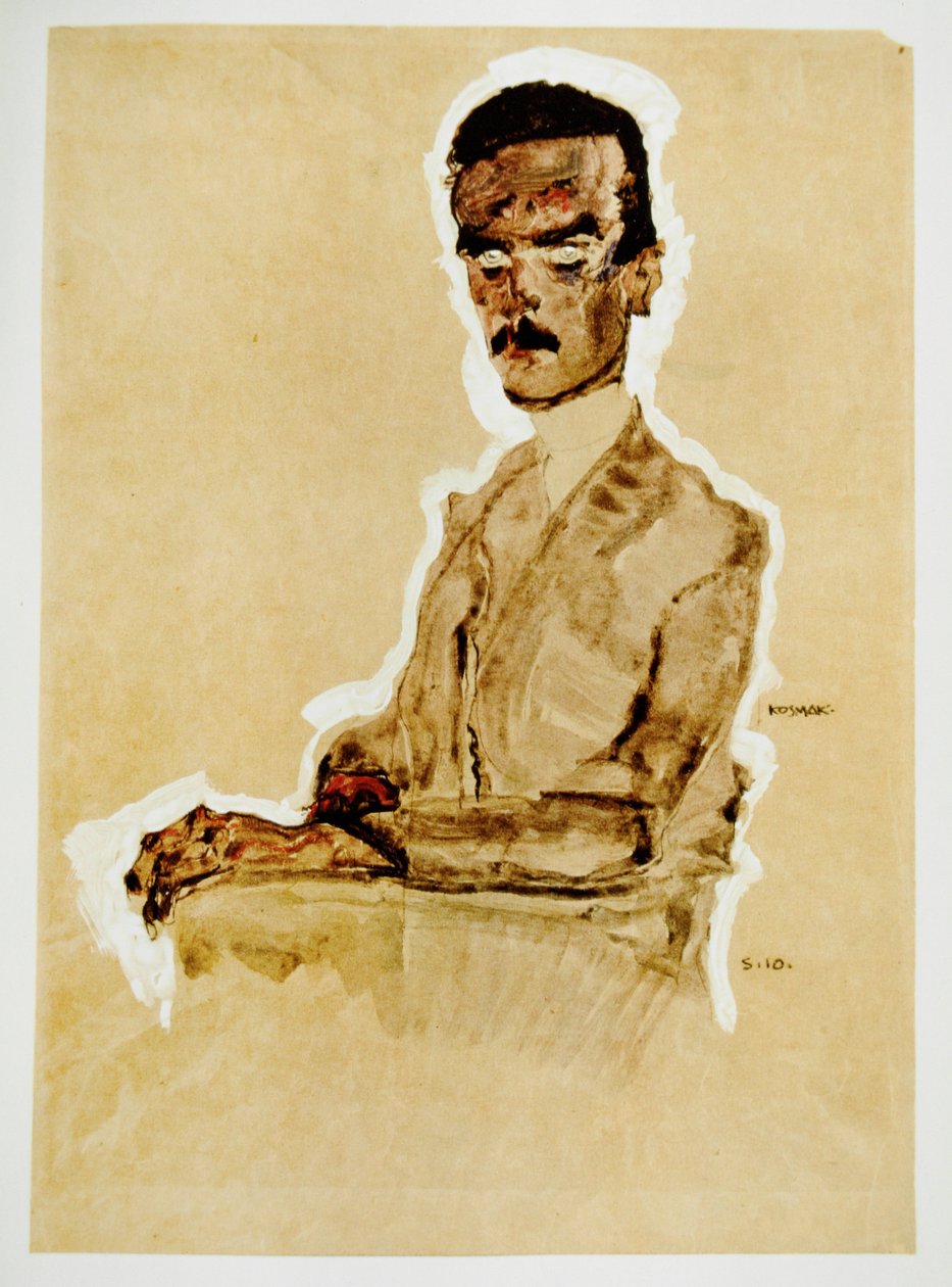 Bildnis Eduard Kosmack, sitzend -Portræt af Eduard ... (gouache, akvarel og sort farveblyant med hvid overstregning) af Egon Schiele