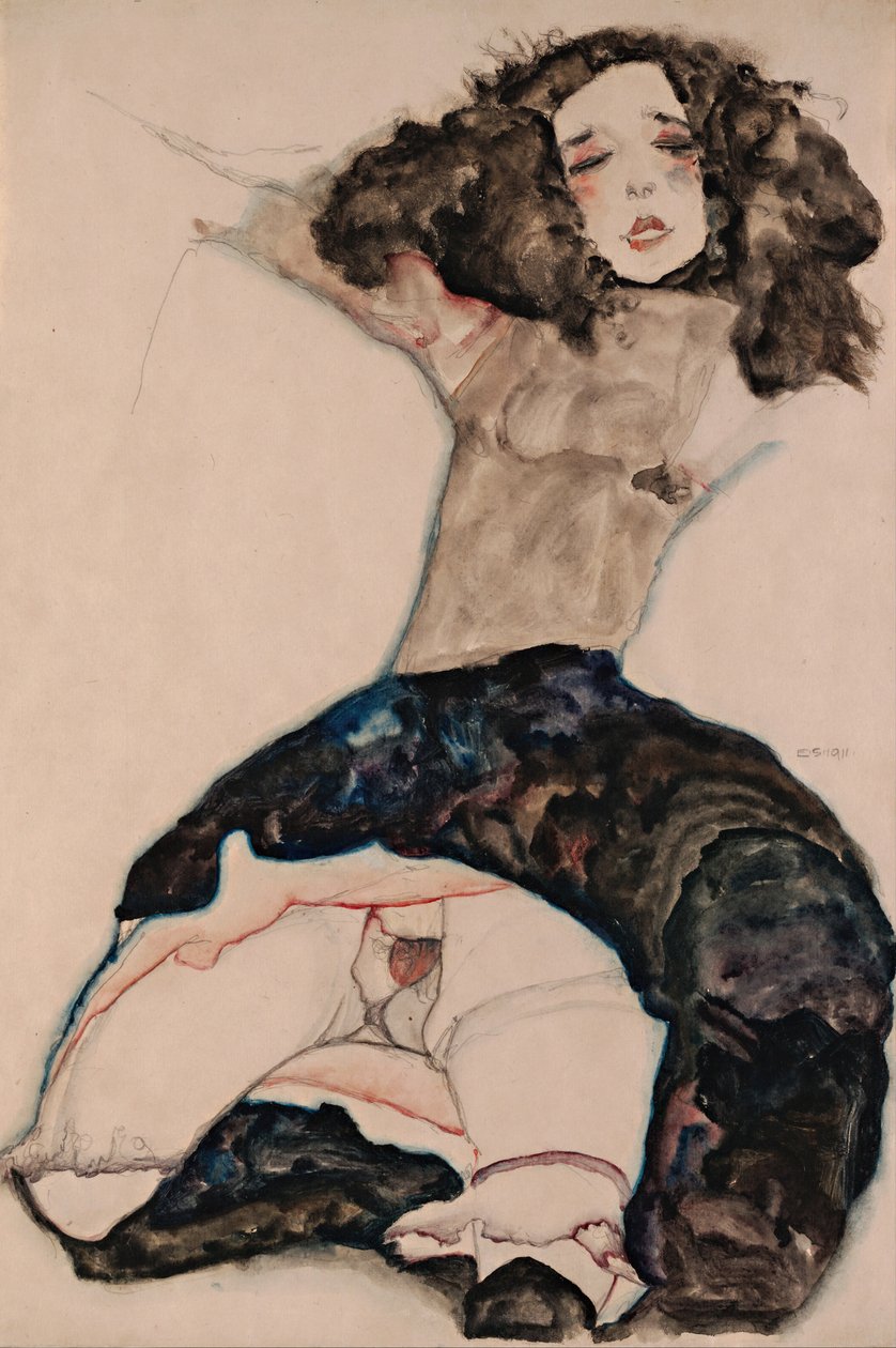 Sorthåret pige med løftet nederdel, 1911 af Egon Schiele