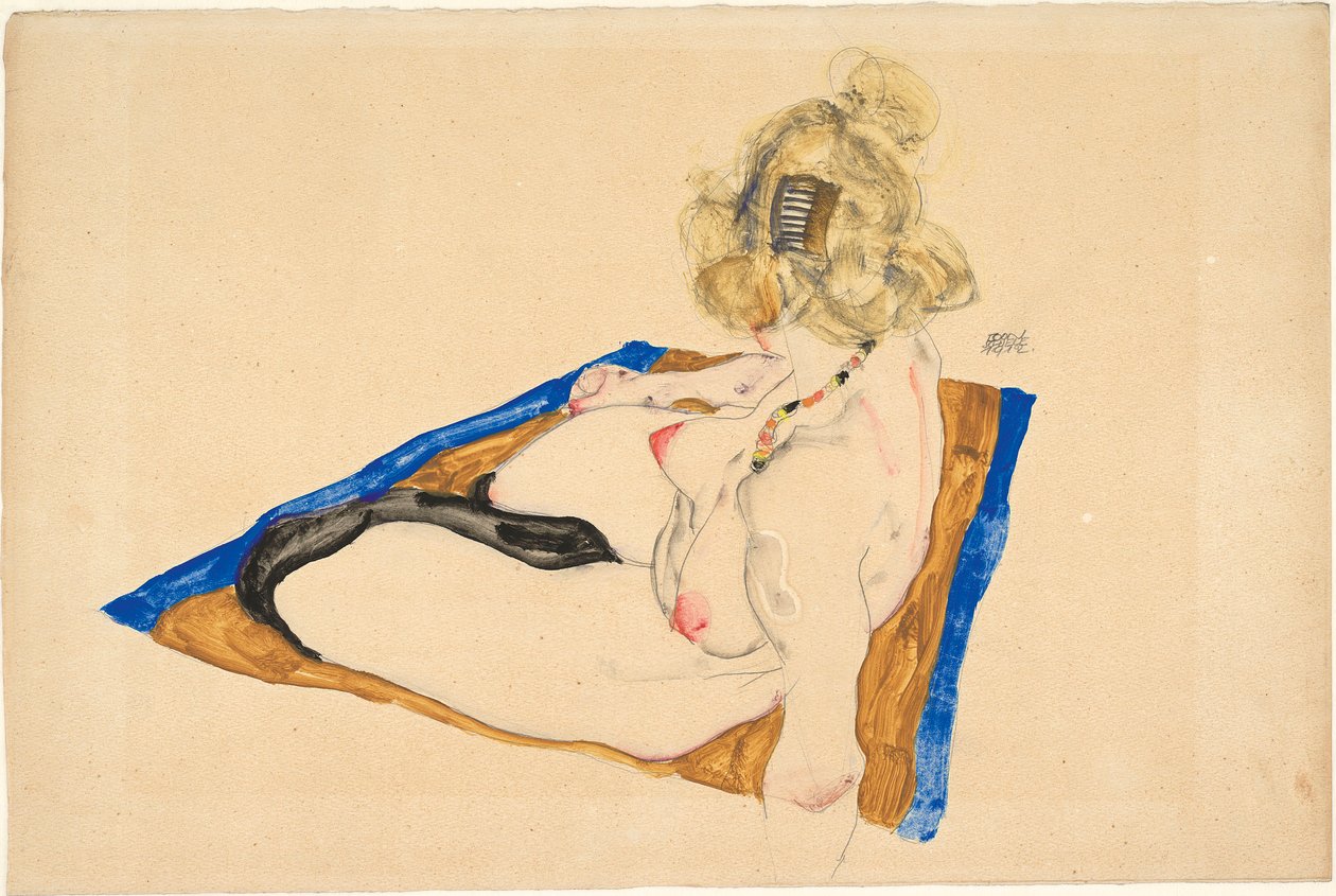 Blond nøgen siddende på et brunt tæppe med en blå kant, 1912. af Egon Schiele
