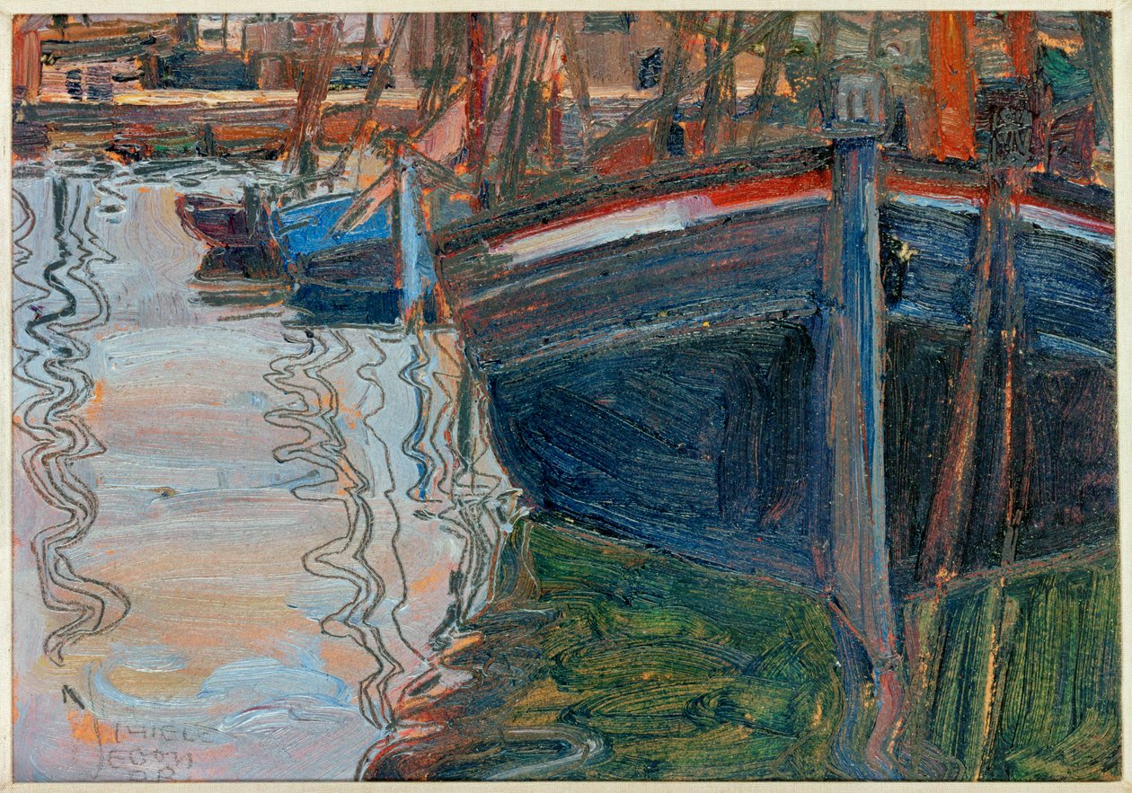 Boats, sich im Wasser spiegelnd [Både, der spejlede sig i ... af Egon Schiele