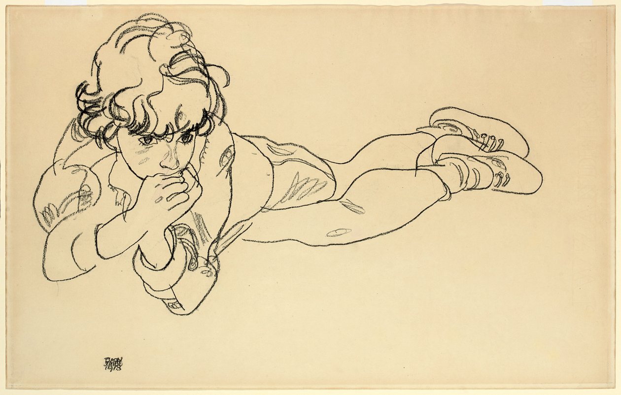 Dreng liggende på maven, 1918 af Egon Schiele