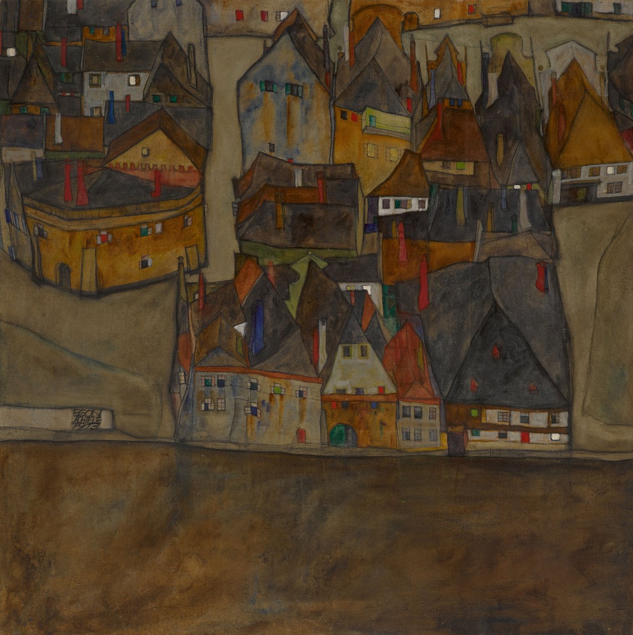 By i skumring Den lille by II, 1913. af Egon Schiele