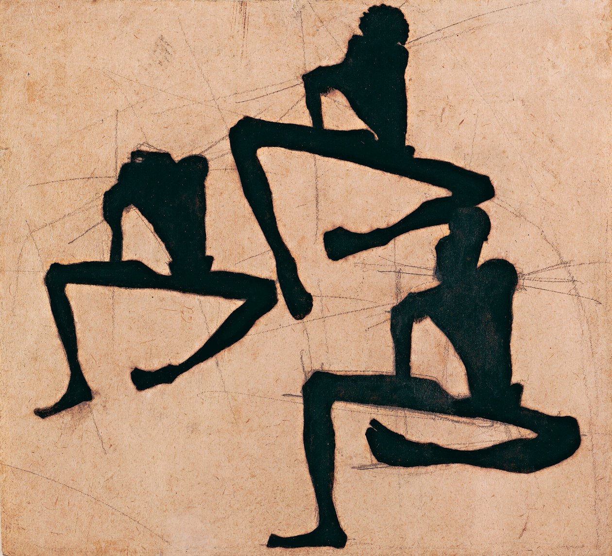 Komposition med tre nøgne mænd - Komposition med tre mandlige nøgenbilleder - Af Egon Schiele (1890-1918), Blæk på papir af Egon Schiele