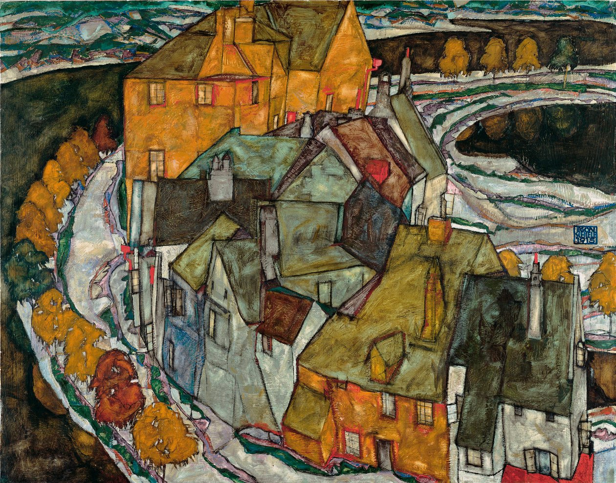 Halvmåne af huse II (ø-by) - Maleri af Egon Schiele (1890-1918), olie på lærred af Egon Schiele