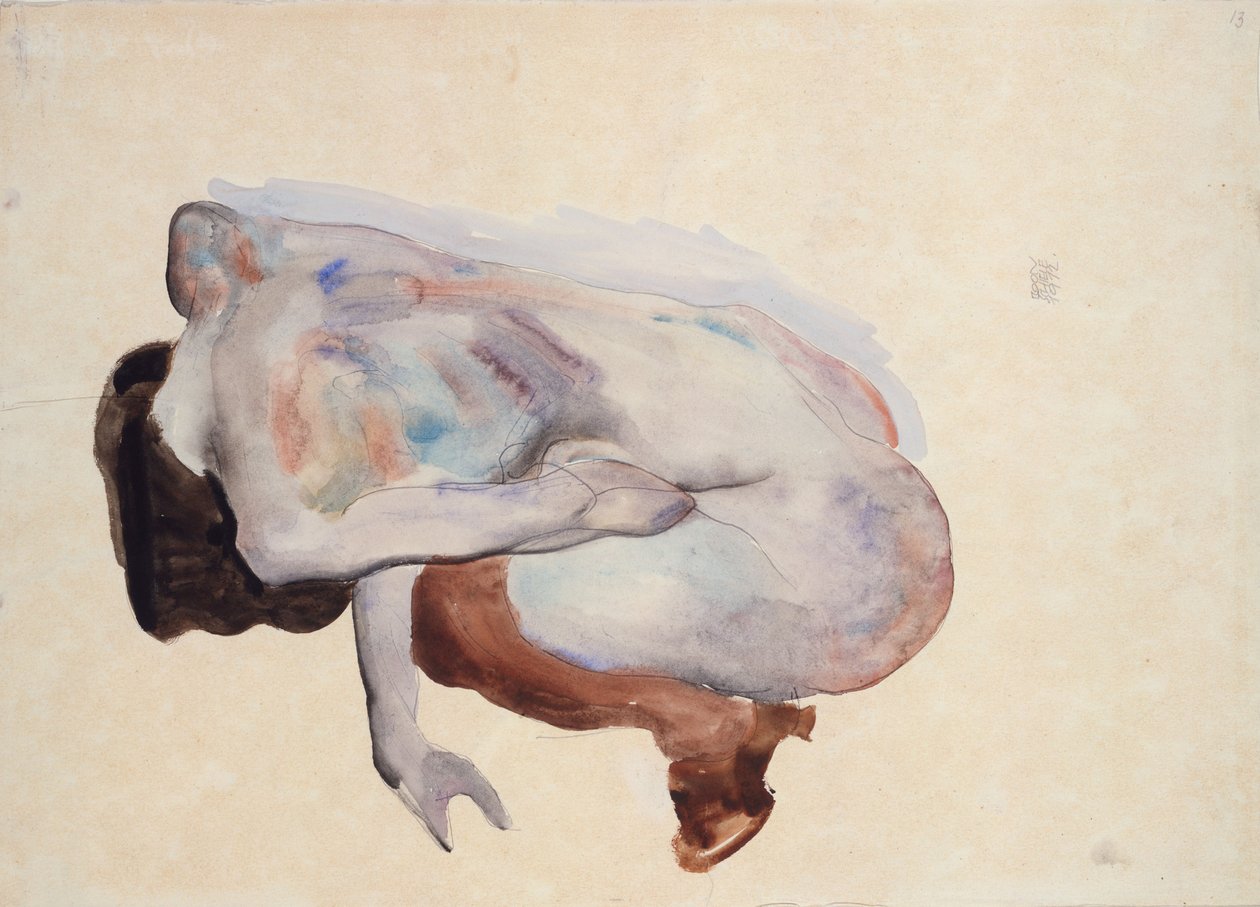 Krøjende nøgen i sko og sorte strømper, set bagfra, 1912 (wc, gouache og grafit på papir) af Egon Schiele