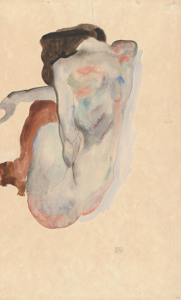 Krøjende nøgen i sko og sorte strømper, set bagfra, 1912. af Egon Schiele