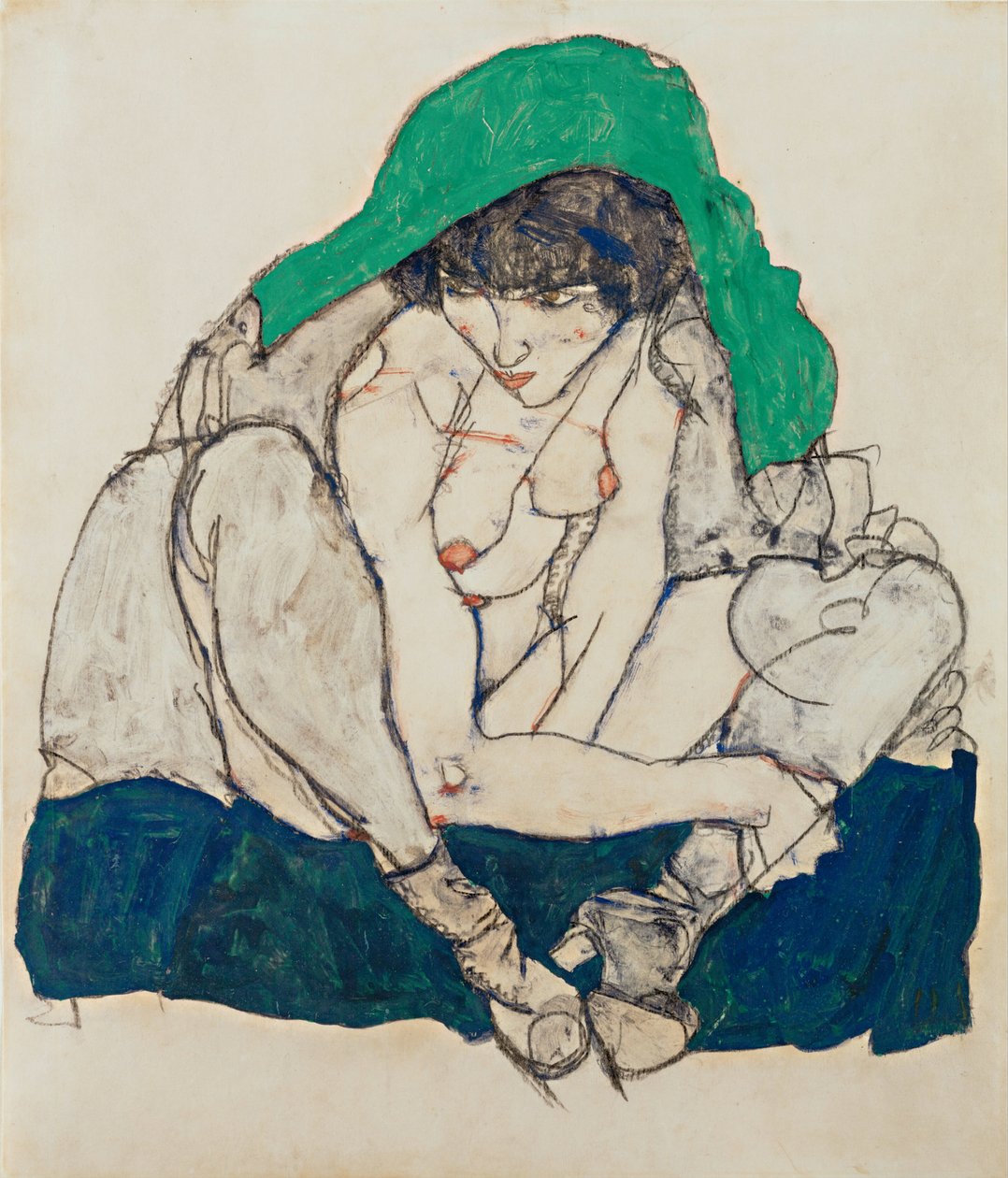 Krøjende kvinde med grønt tørklæde, 1914 af Egon Schiele