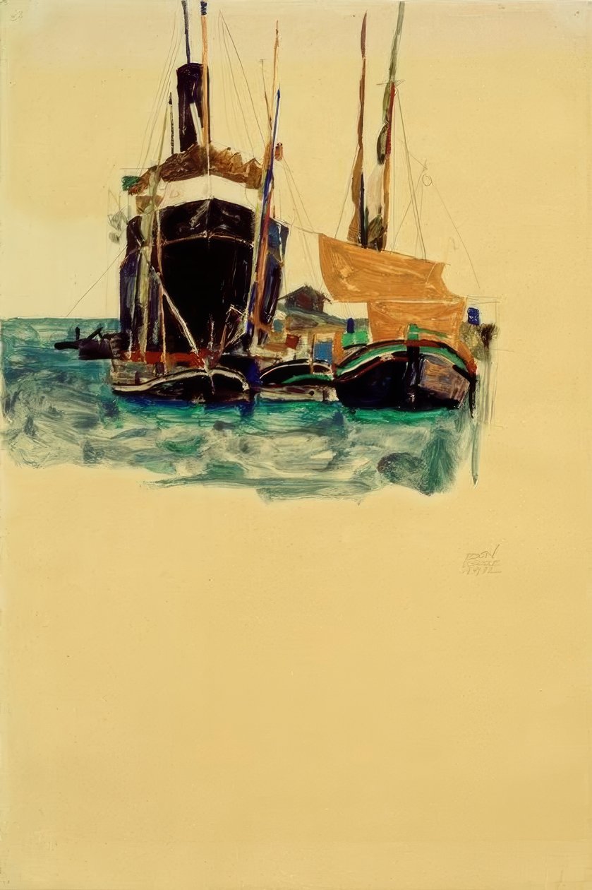 Dampskibe og sejlbåde i Trieste havn af Egon Schiele