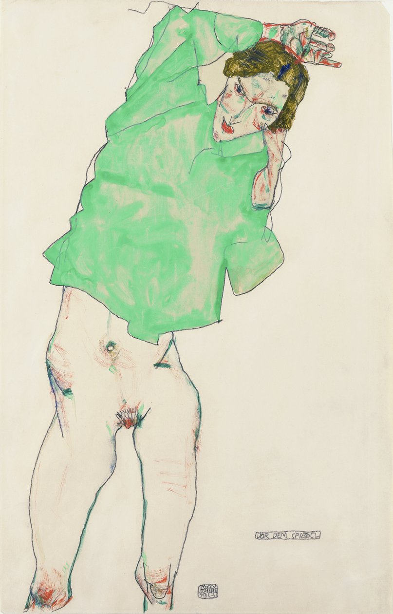 Devant le miroir - Before the Mirror af Schiele, Egon (1890-1918). Blyant, Gouache på papir, størrelse: 48,3x32,1 af Egon Schiele