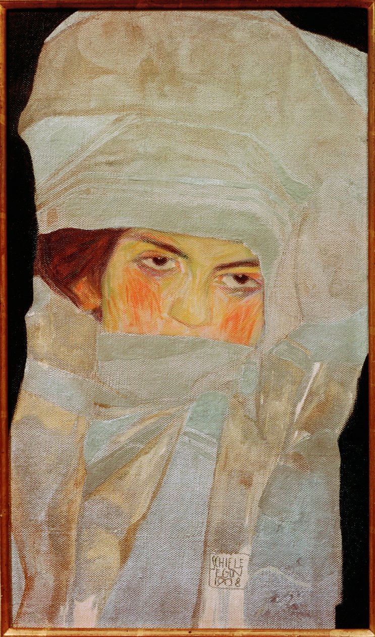 Kunstnerens søster, Melanie, med sølvfarvede tørklæder ... af Egon Schiele