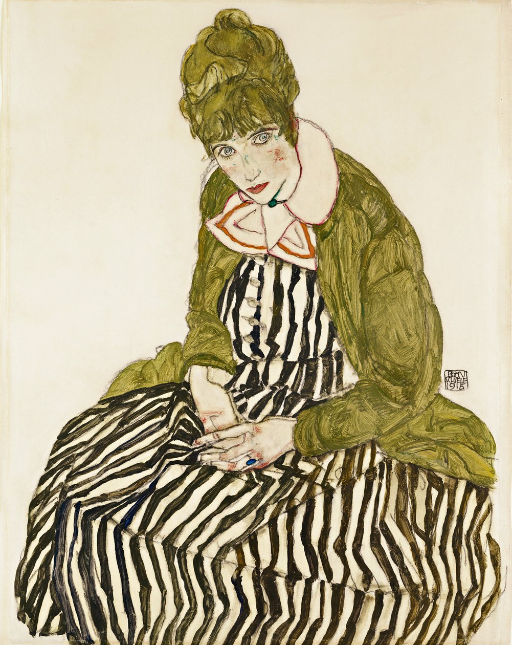 Edith Schiele i stribet kjole, siddende. Værk af Egon Schiele (1890-1918), blyant og gouache på papir af Egon Schiele
