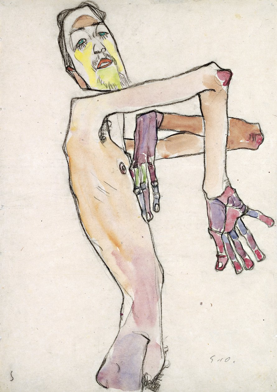 Erwin Dominik Osen (1891-1970) som nøgen med krydsede arme af Schiele, Egon (1890-1918). Sort kridt, akvarel på papir, størrelse: 44,7x31,5 af Egon Schiele