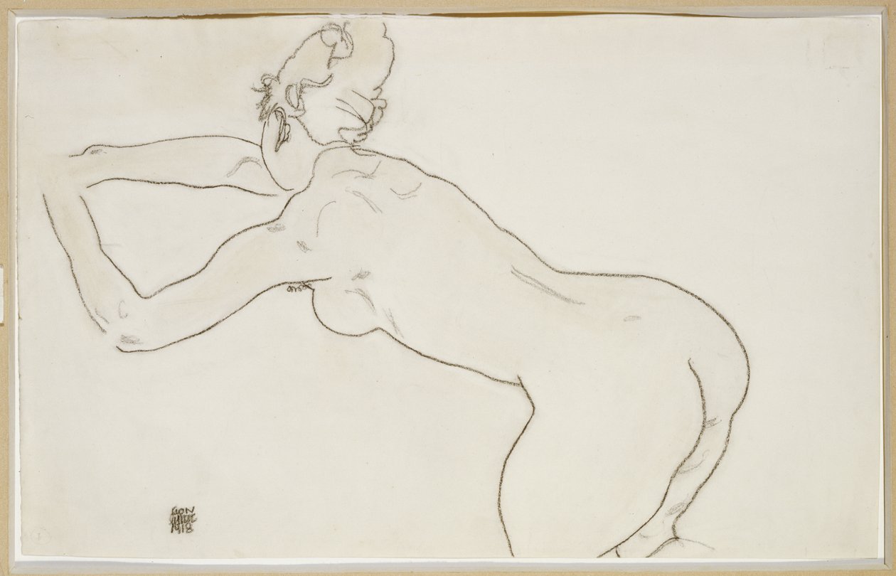 Nøgen kvinde knæler og bøjer sig frem mod venstre, 1918 af Egon Schiele