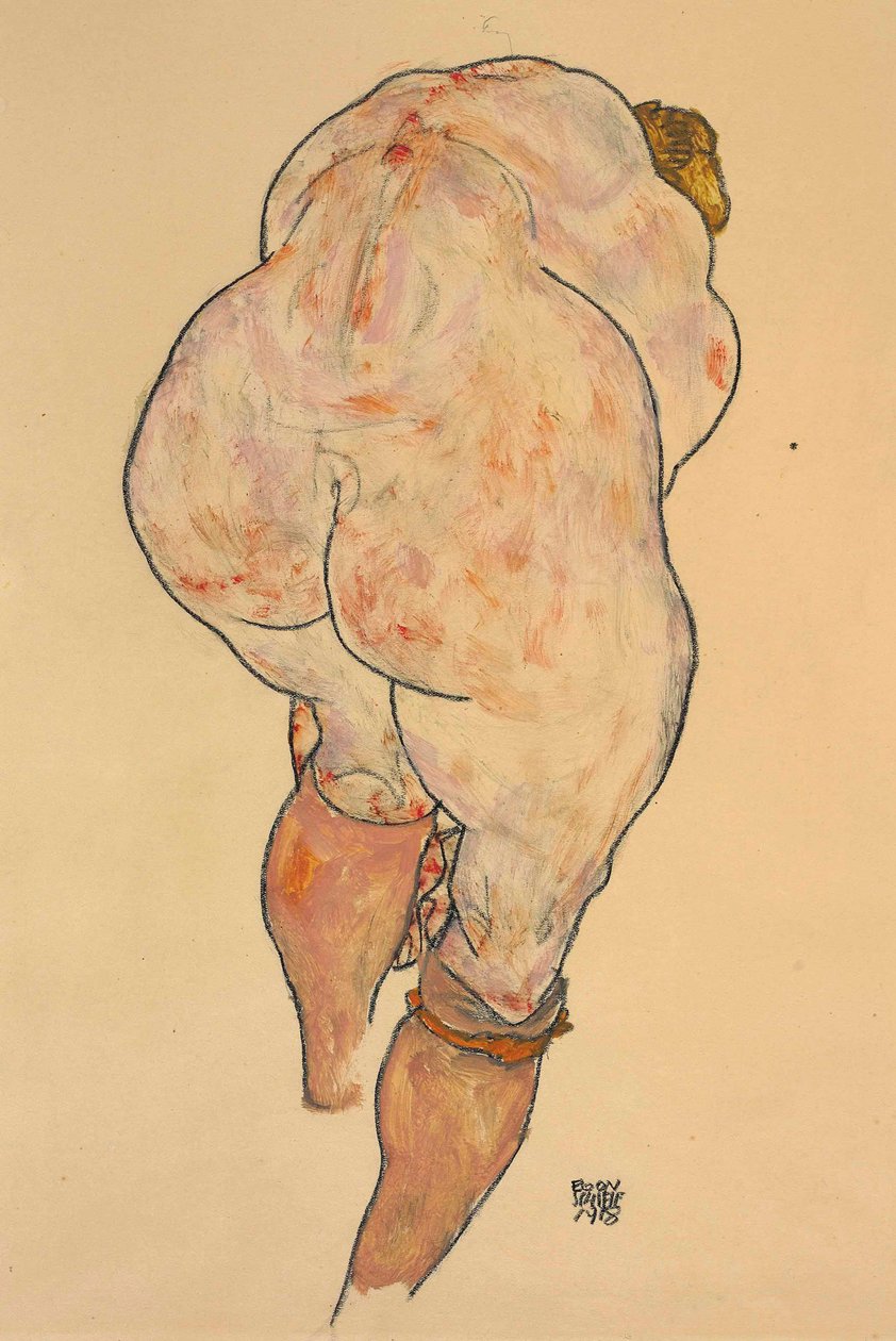 Female Nude Pulling up Stockings, Back View, 1918.dani af Egon Schiele