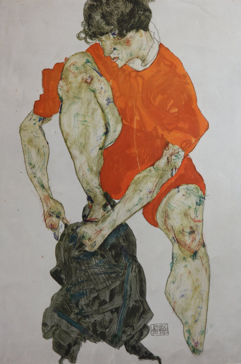 Kvindelig model i rød kappe, 1914. af Egon Schiele