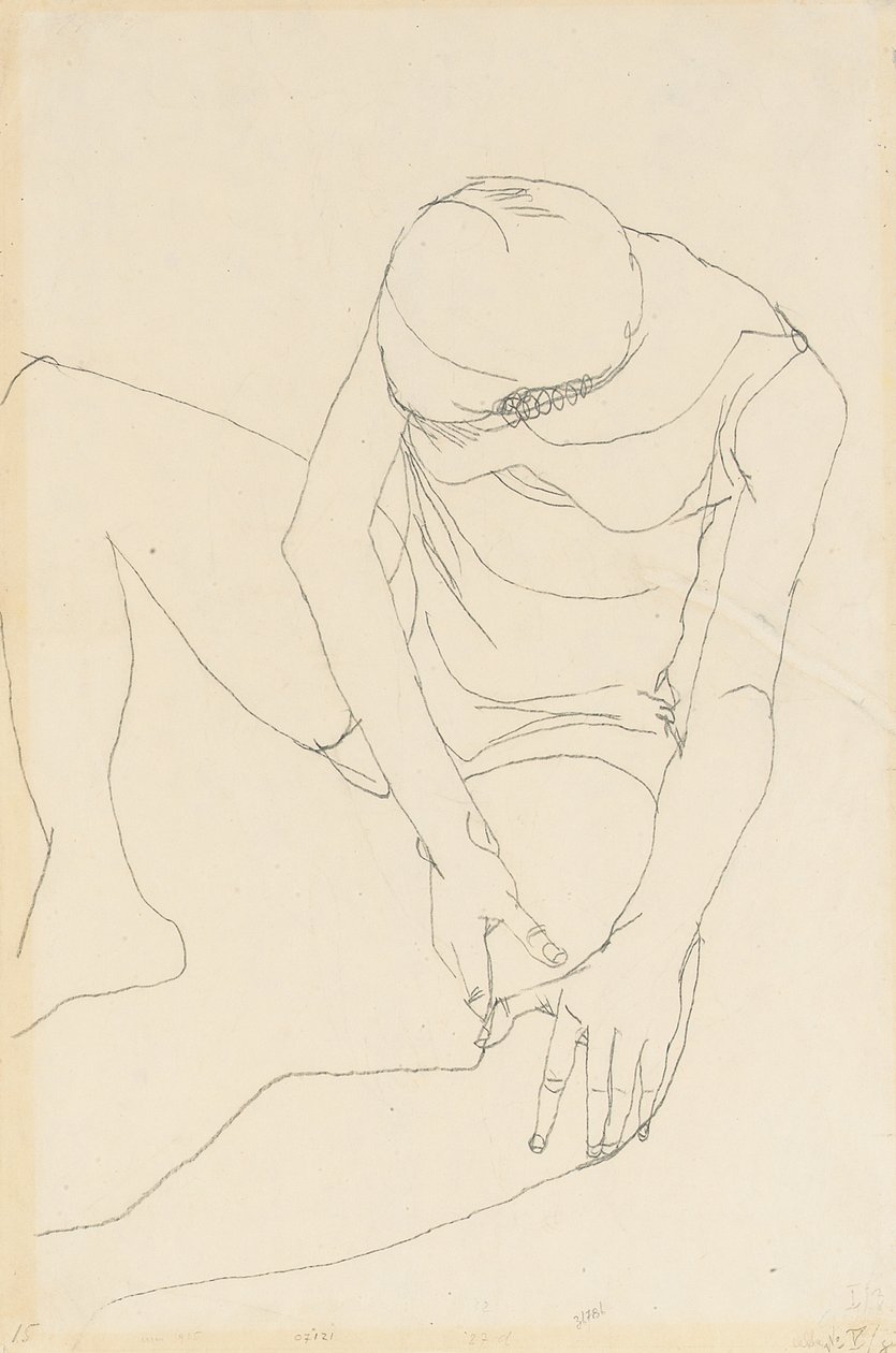 Nøgen kvinde bøjet frem, begge hænder på venstre lår, 1913 af Egon Schiele