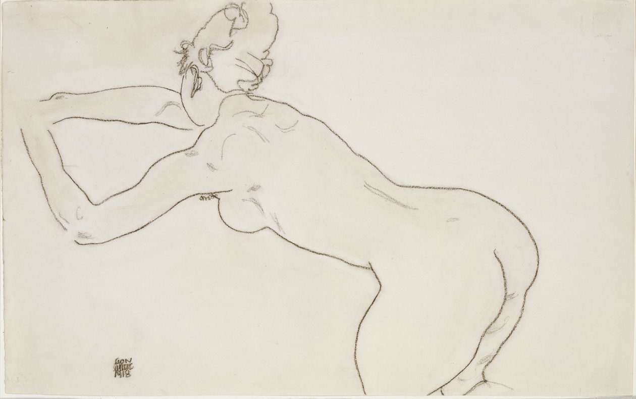 Nøgen kvinde knæler og bøjer sig frem til venstre, 1918 af Egon Schiele