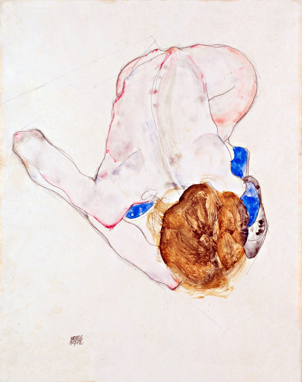Nøgen kvinde i blå strømper, lænet frem - Gouache på papir af Egon Schiele (1890-1918) af Egon Schiele