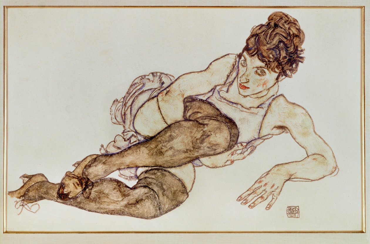 Kvinde med brune strømper - Kvinde ... (gouache og sort farveblyant) af Egon Schiele