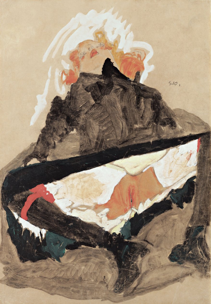 Pige i sort kjole med spredte ben, 1910 af Egon Schiele