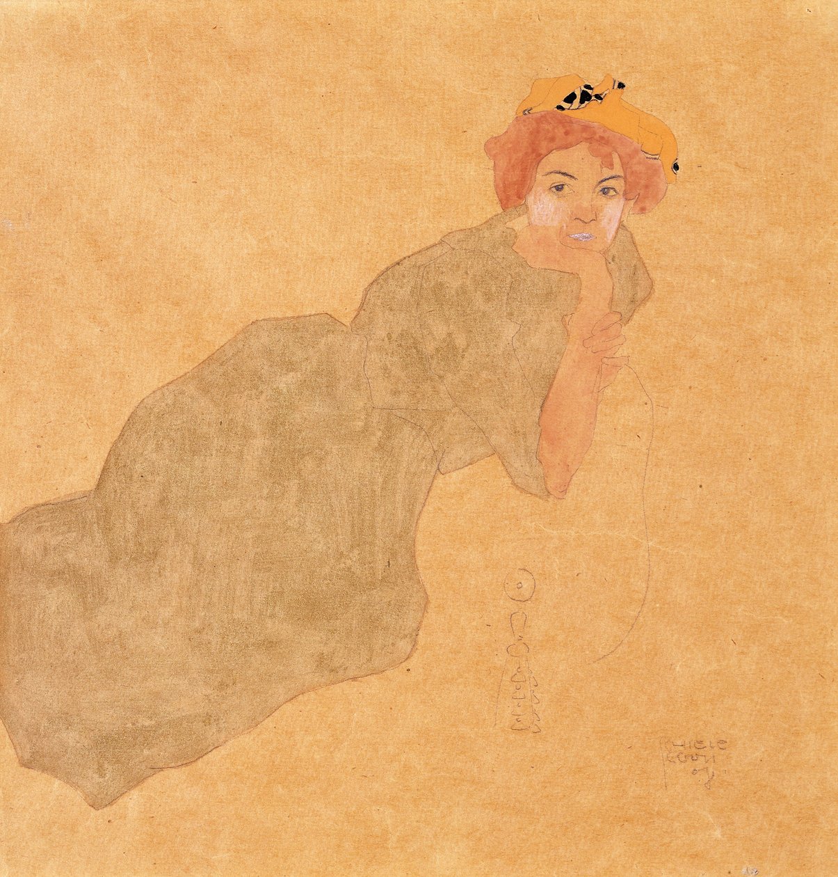 Pige i olivenfarvet kjole med støttet arm, 1908 af Egon Schiele