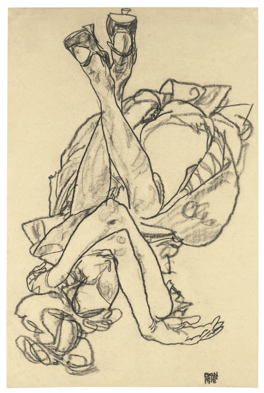 Pige liggende på ryggen med krydsede arme og ben, 1918 af Egon Schiele