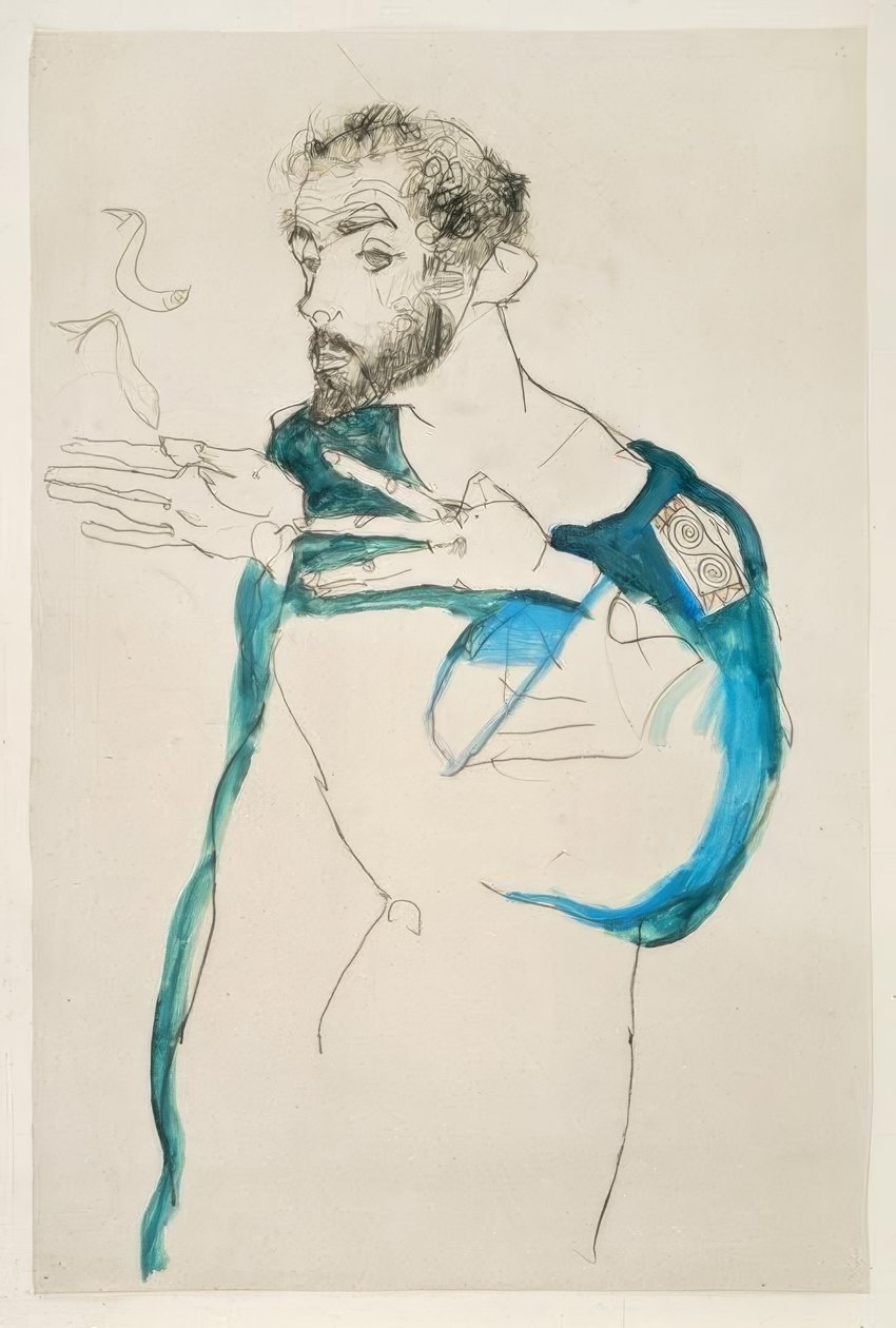 Gustav Klimt i sin blå arbejdskjole af Egon Schiele