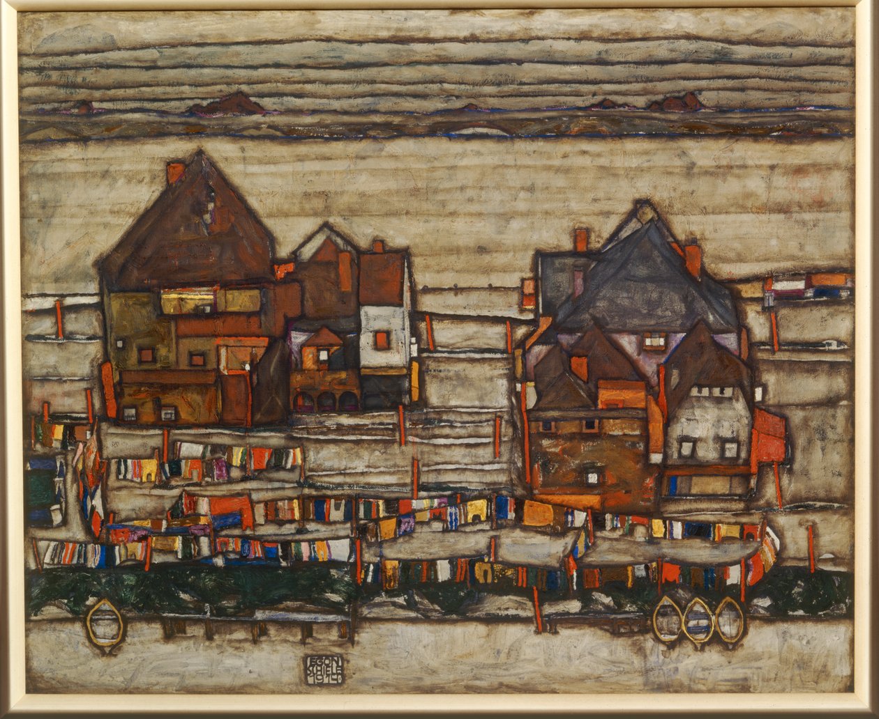 Huse og farverigt vasketøj, forstad, også to blokke af huse med vaskelinjer ... af Egon Schiele