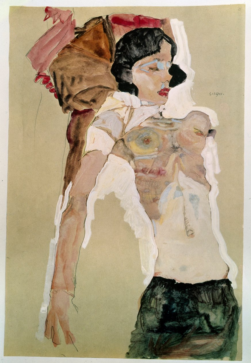 Halvnøgen kvinde. Tegning af Egon Schiele (1890-1918), 1911 Blyant og akvarel på papir. Mål: 45,9 x 31,1 cm. Wien, Graphische Sammlung Albertina af Egon Schiele