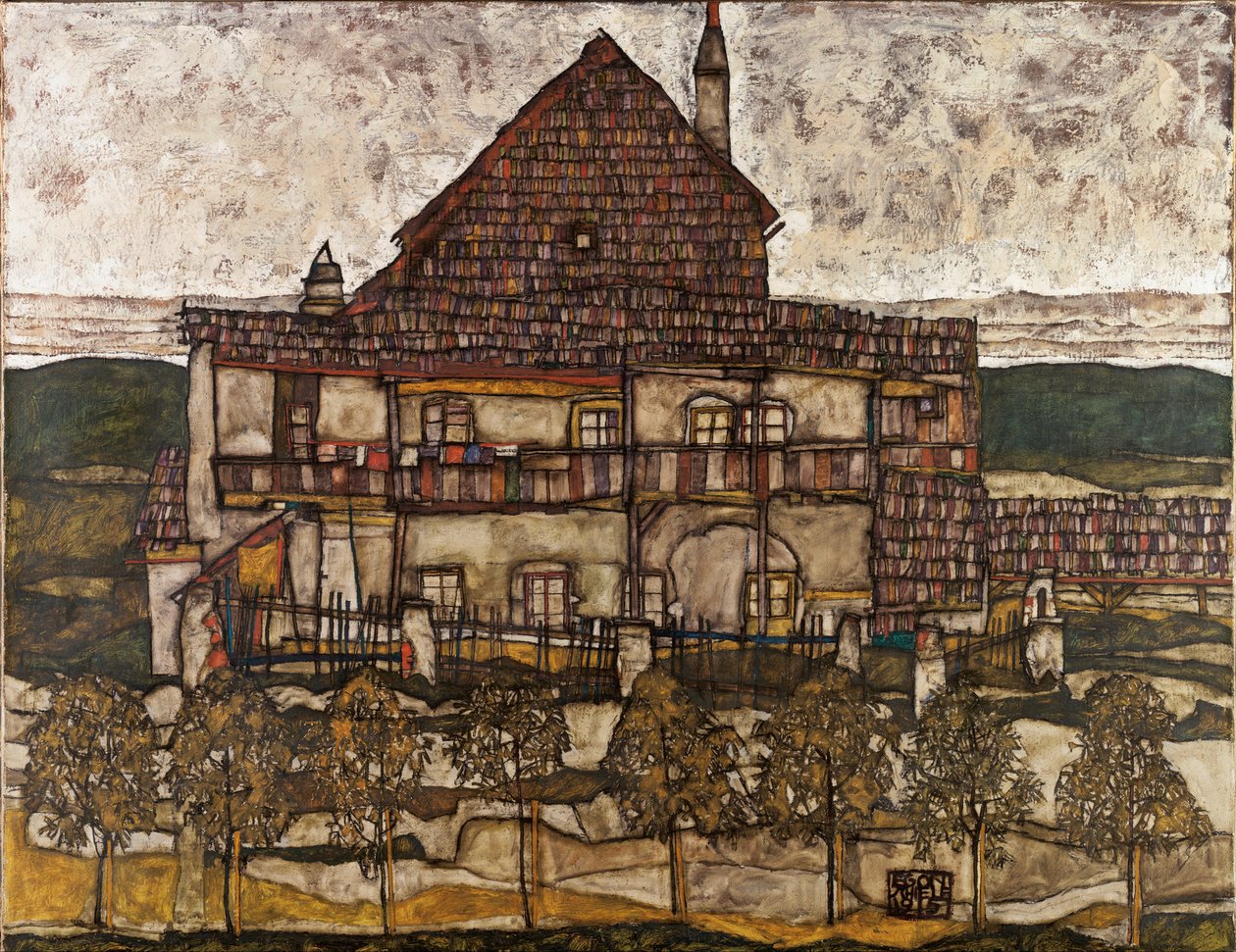 Hus med singeltag (Old House II) - Schiele, Egon (1890-1918) - 1911 - Olie på lærred - 110x140 - Leopold Museum, Wien af Egon Schiele