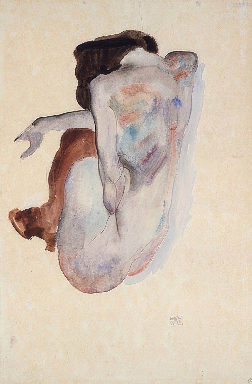 Krøjende akt med sko og sorte strømper, set bagfra. 1912 af Egon Schiele