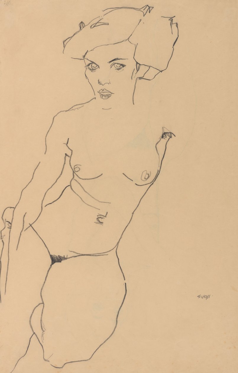 Knælende kvindelig nøgenfigur af Egon Schiele