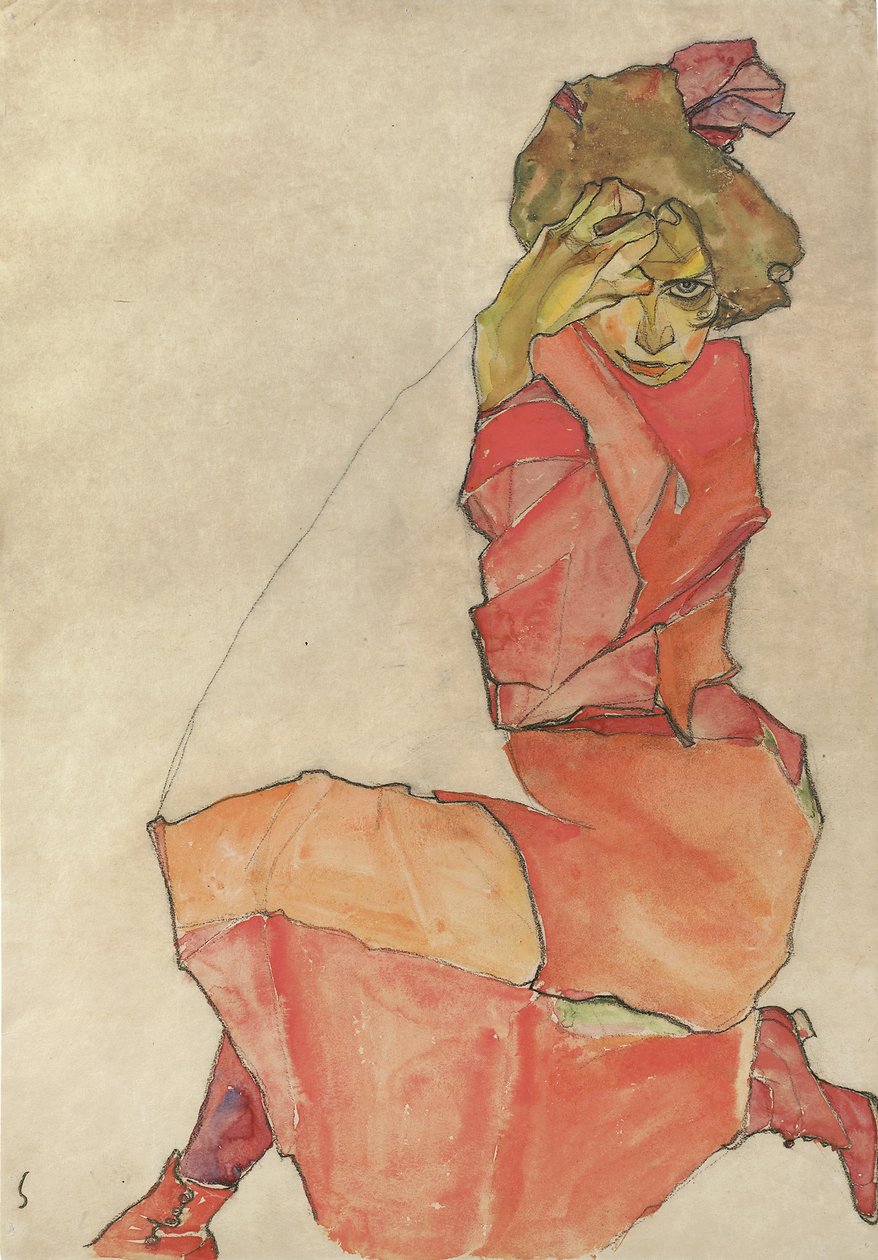 Knælende kvinde i orange-rød kjole, 1910 af Egon Schiele